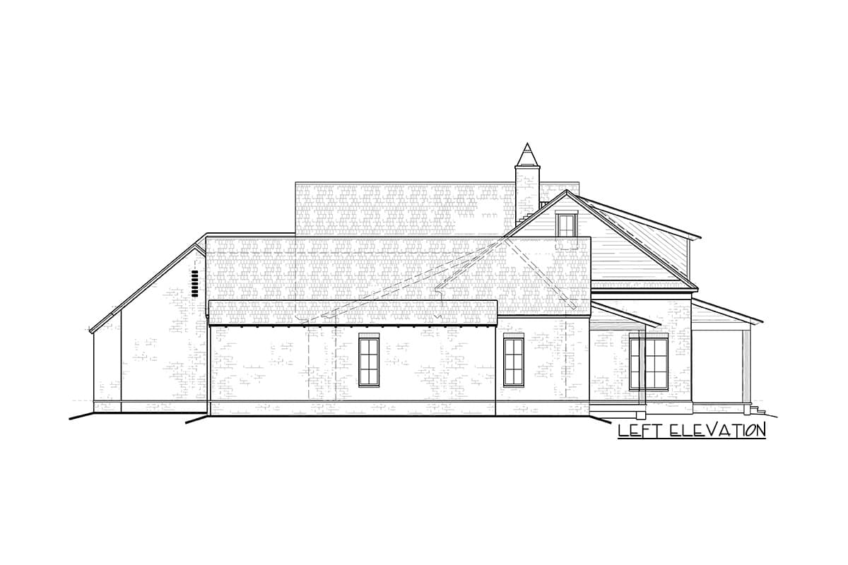 Left elevation drawing of a house plan, showing a pitched roof, gables, dormer, chimney, and windows.