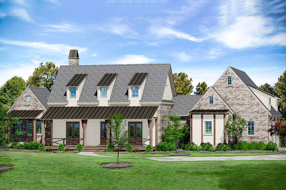 House plan exterior. Two-story Modern Farmhouse with a metal roof, dormers, and a covered porch. Features include stone accents and gables.