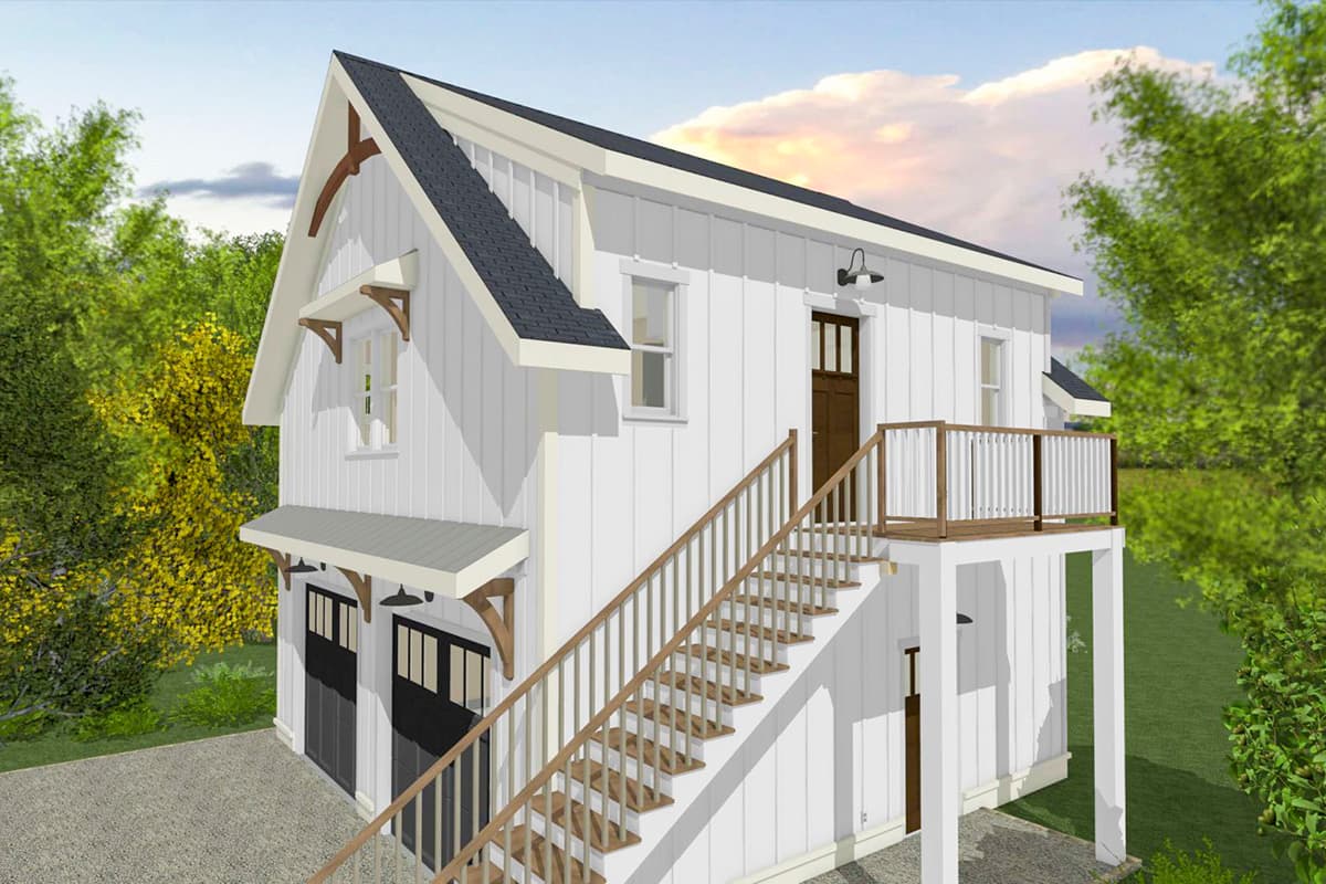 House plan exterior: Modern Farmhouse style, two-story garage with two bays, exposed rafter tails, and a second-story deck.