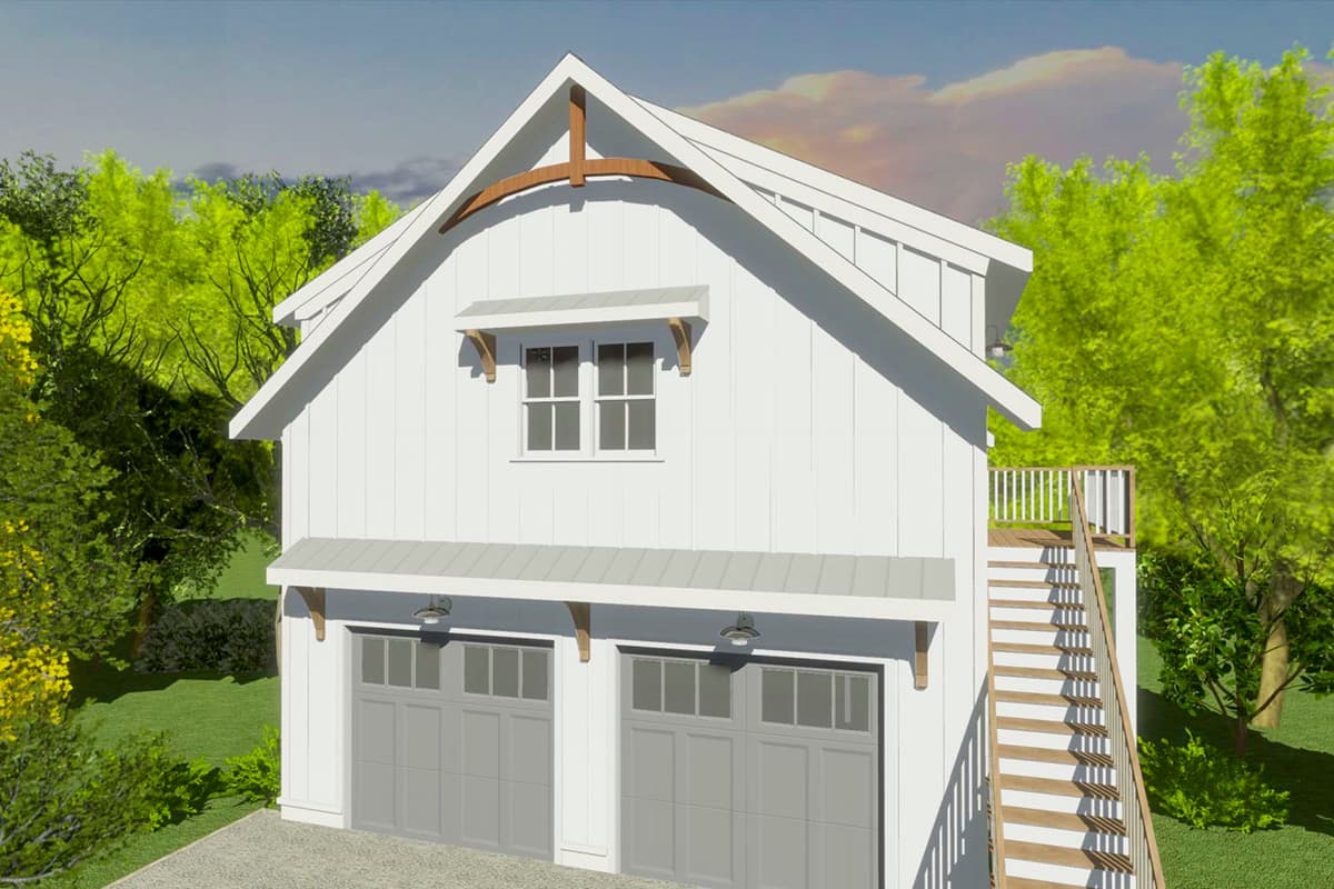 House plan exterior: Modern Farmhouse style, two-car garage, board and batten siding, gable roof with exposed rafter tails, and exterior stairs.