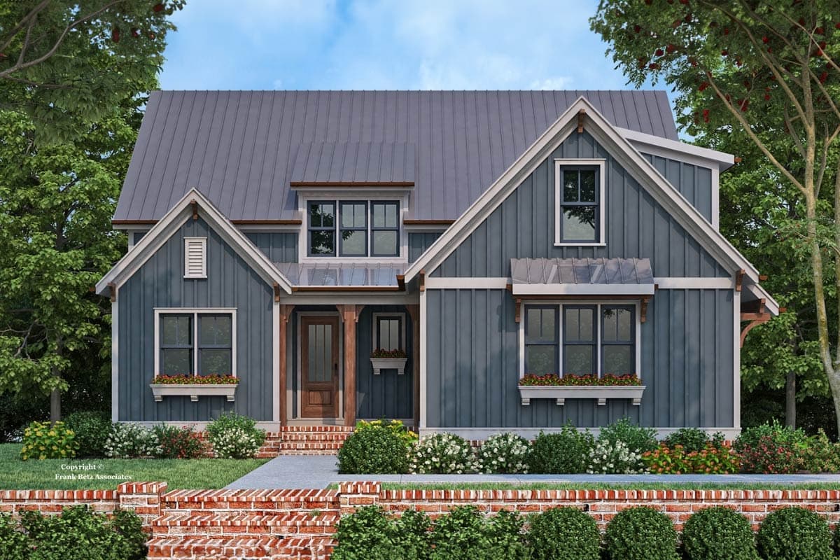 House plan exterior in a farmhouse style. Features include a metal roof, gabled dormers, and a covered porch. Two stories.