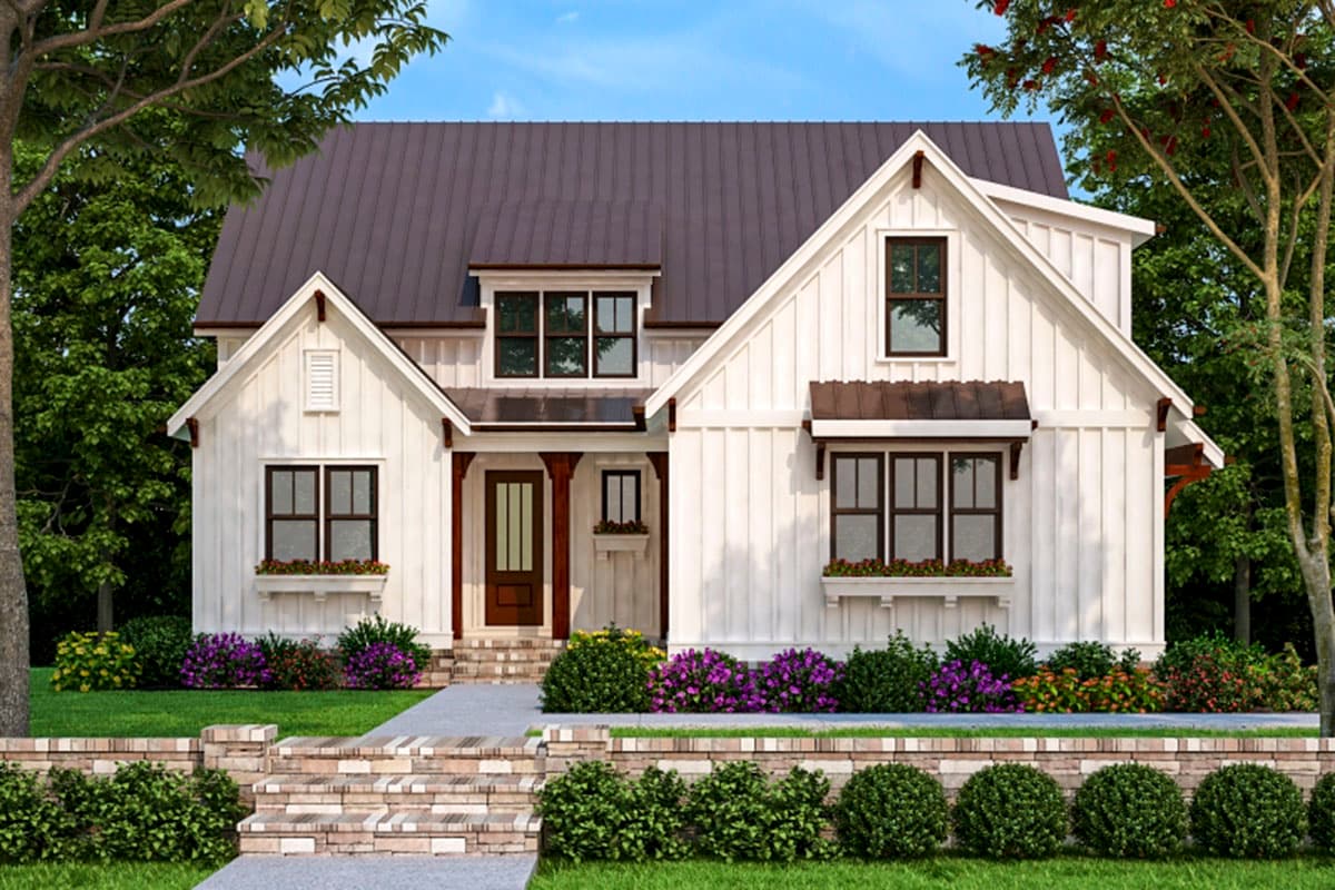 Modern Farmhouse house plan exterior with white board and batten siding, metal roof, covered front porch, and dormer.