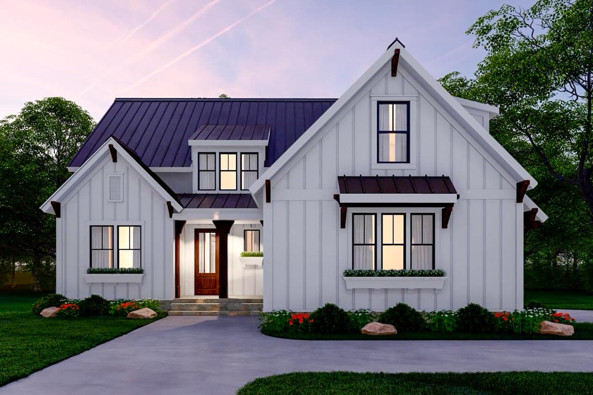 Modern Farmhouse style house plan exterior with metal roof, board and batten siding, gable dormers, and prominent entry.