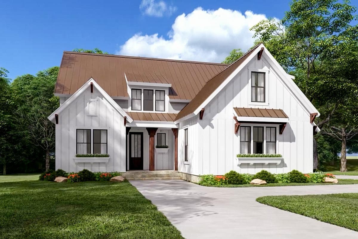 Modern Farmhouse house plan exterior with white board and batten siding, gables, dormers, and a metal roof.