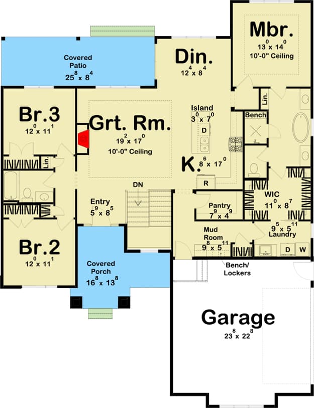 Plan 62808DJ: 1-Story Modern Prairie-Style House Plan with Side Load Garage - 1813 Sq Ft - Floor Plan - Main Level - Modern, Northwest, Prairie, Ranch