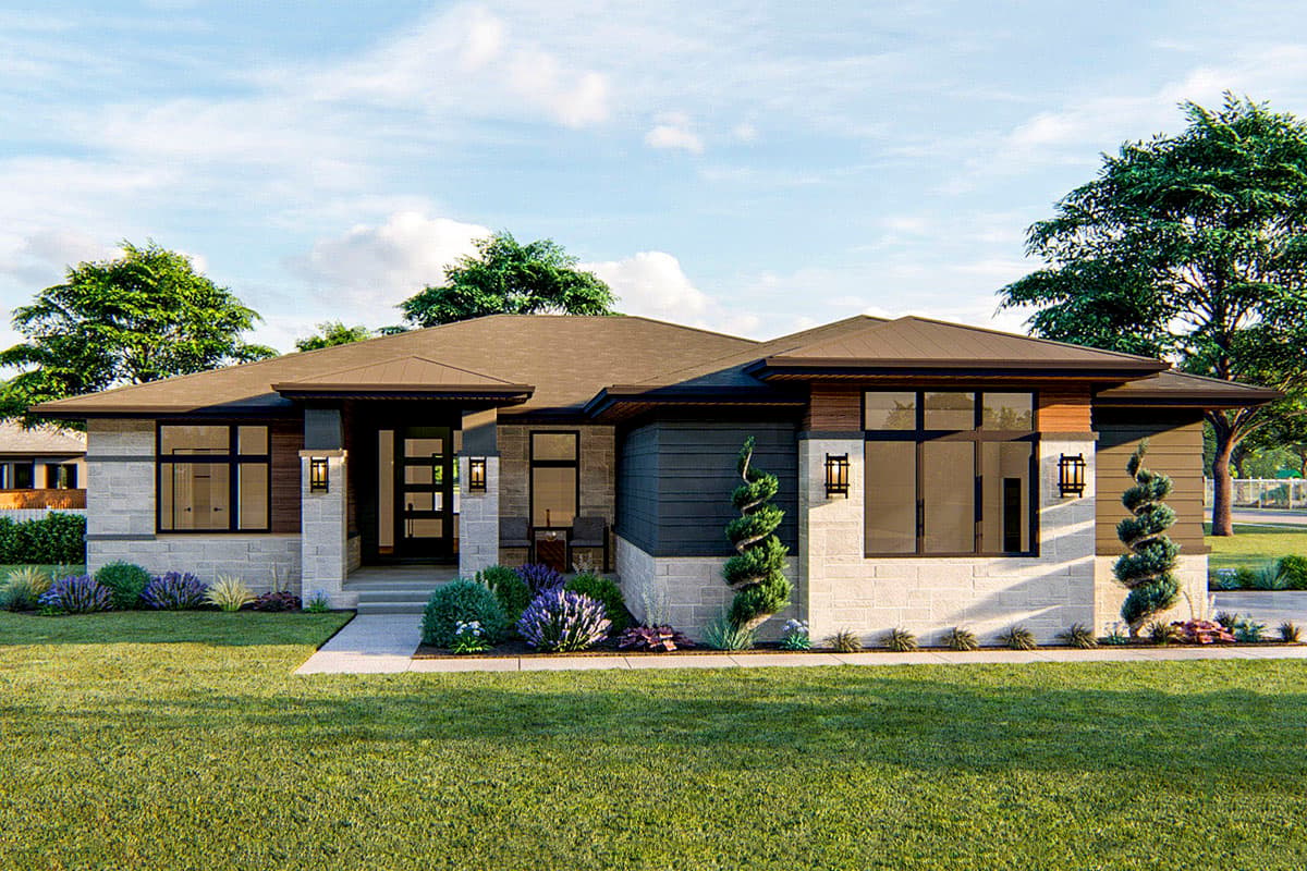 House plan exterior with modern style, single story, flat roof, and stone facade. Features include a covered entry and multiple window expanses.