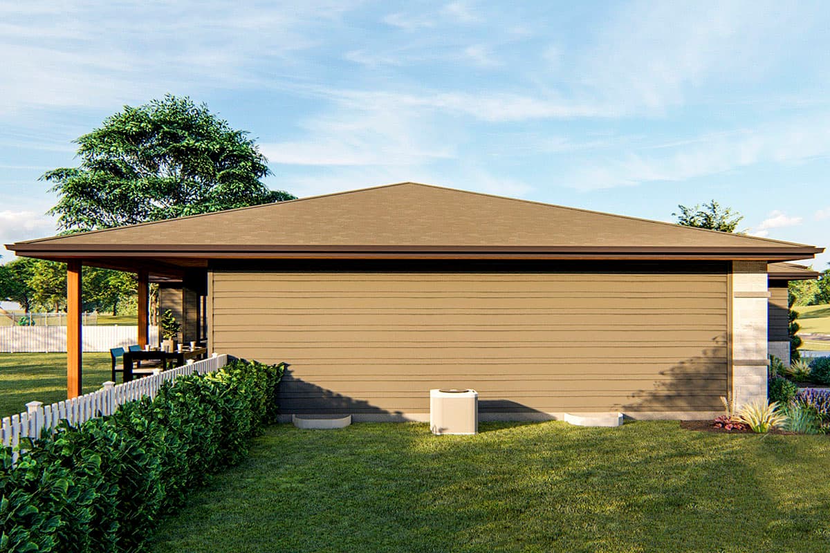 House plan exterior: Ranch style, single story, with a wide covered porch and horizontal siding.