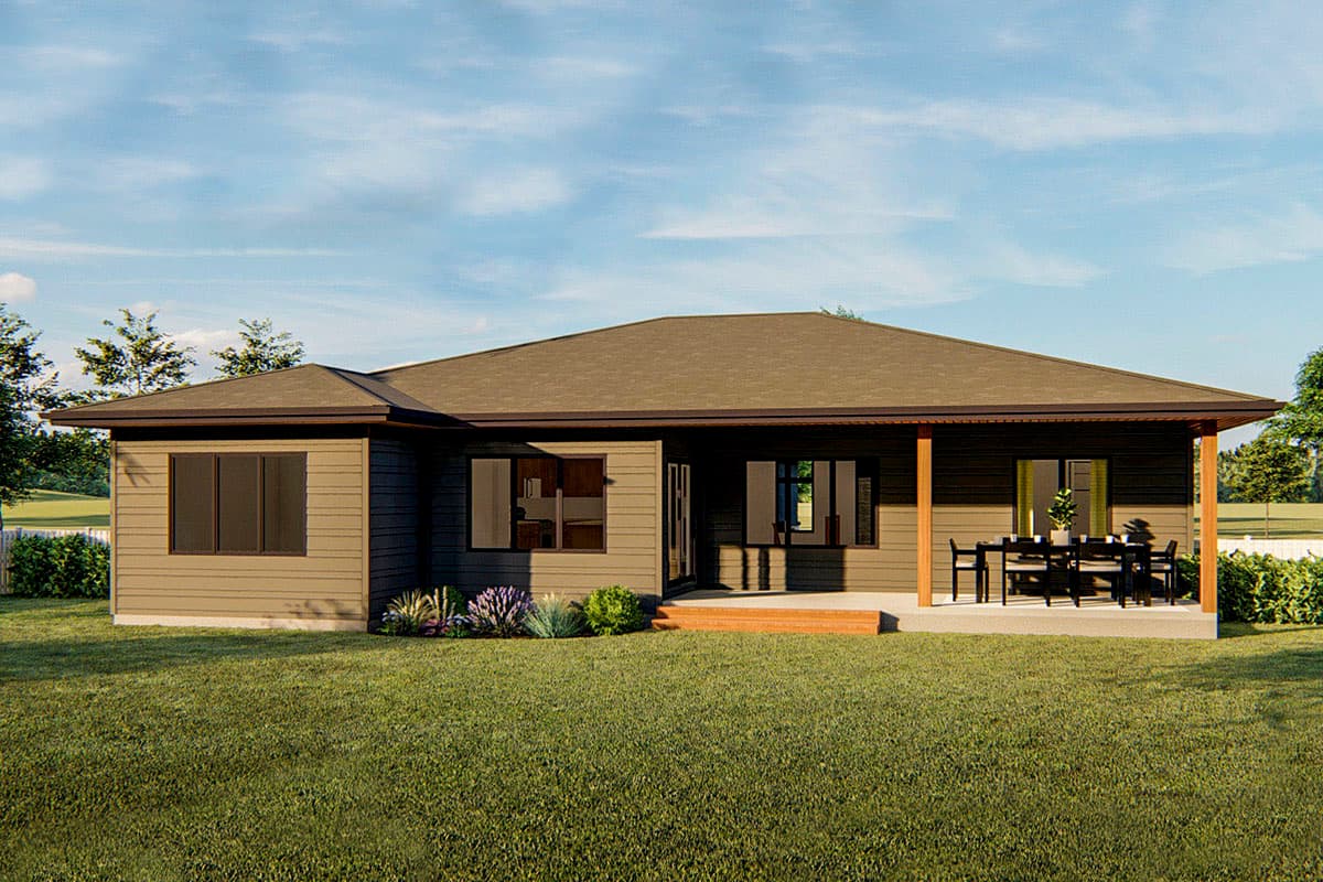 House plan exterior, one story, hip roof, covered patio with dining set, horizontal siding.