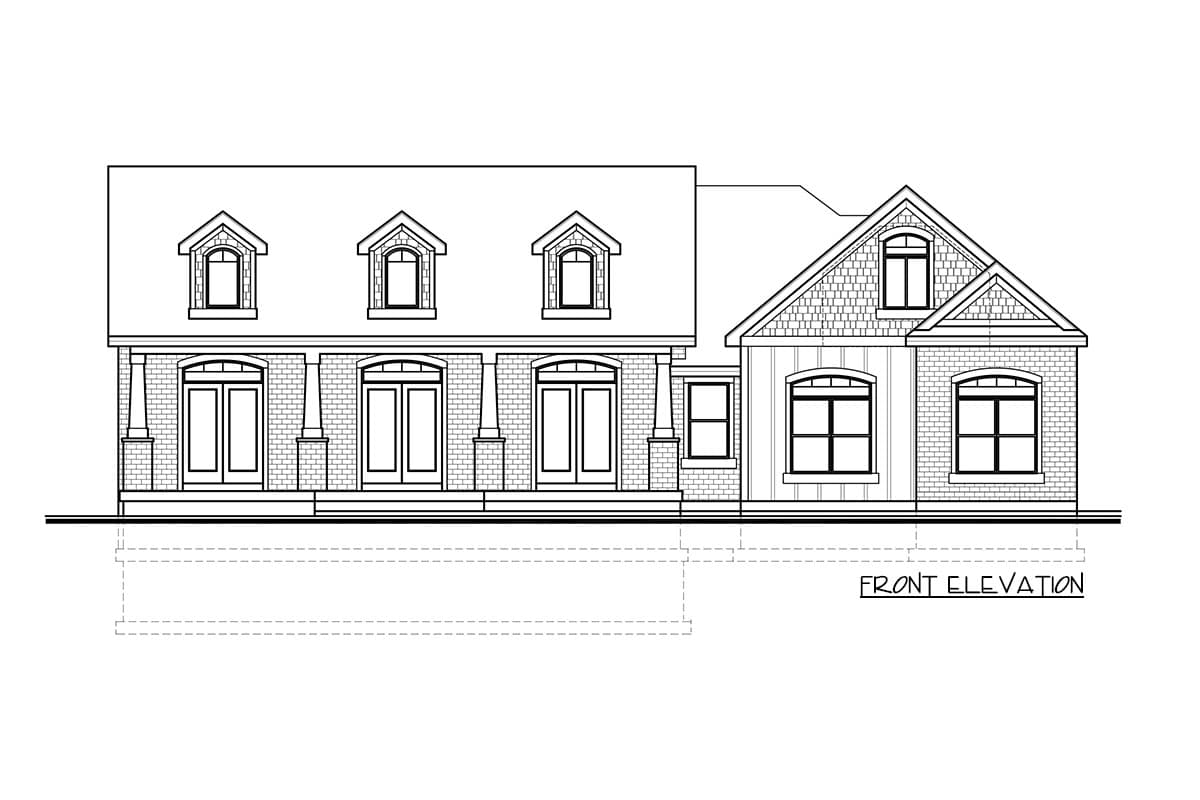 Front elevation drawing of a two-story house plan with a covered porch, dormer windows, and brick detailing.