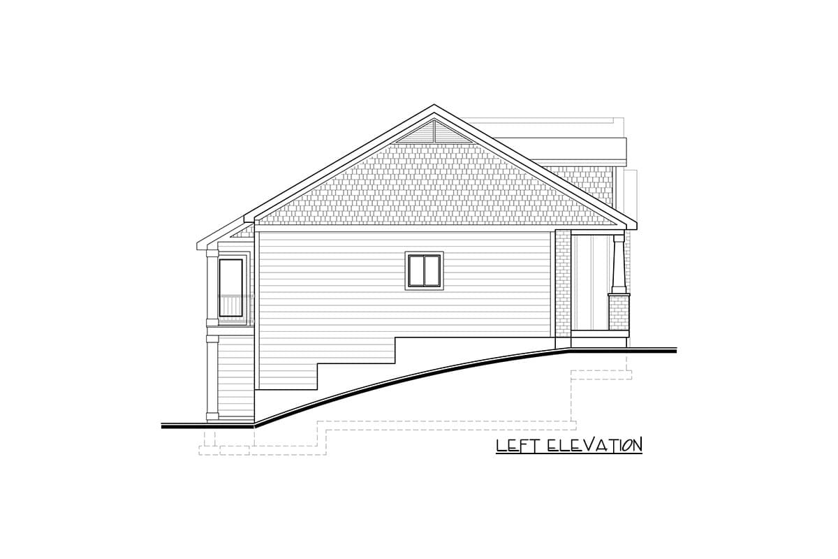 Left elevation of a house plan showing horizontal siding, a gable with shingle siding, a small dormer, and a covered porch.