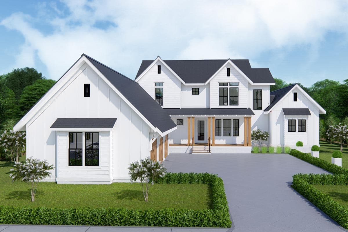 House plan exterior. Modern Farmhouse style with two stories, gabled rooflines, a front porch with columns, and attached garage.