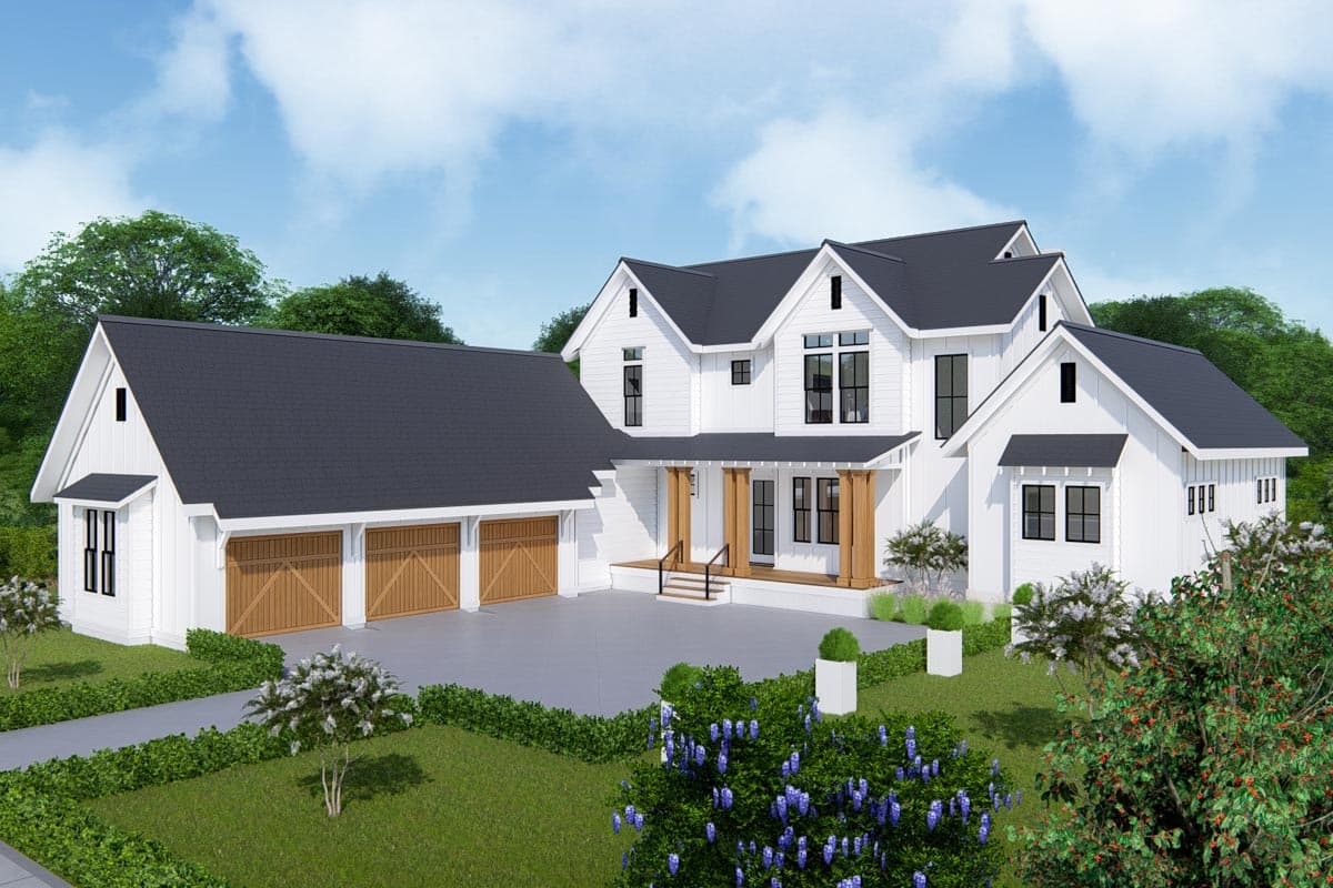 Modern Farmhouse house plan exterior with three-car garage, covered porch with wooden columns, and multiple gables.