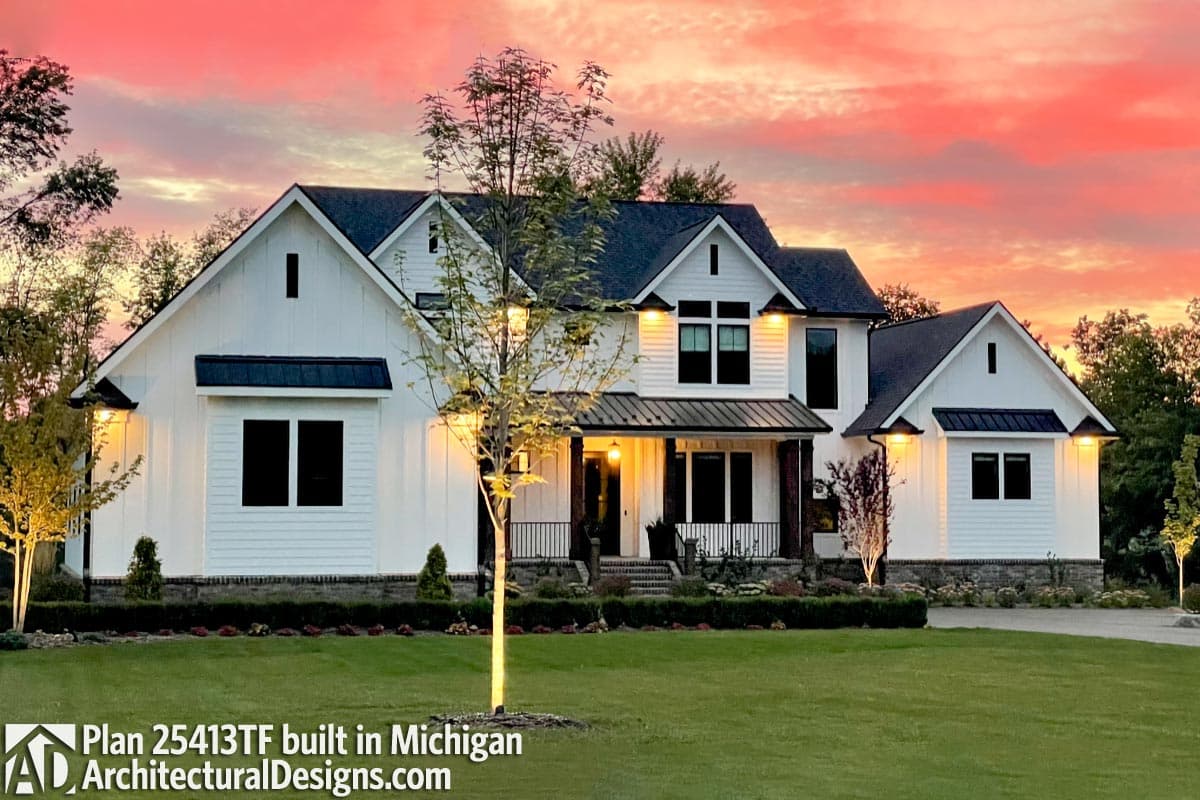 Modern Farmhouse style house plan exterior with board and batten siding, multiple gables, and a covered front porch.