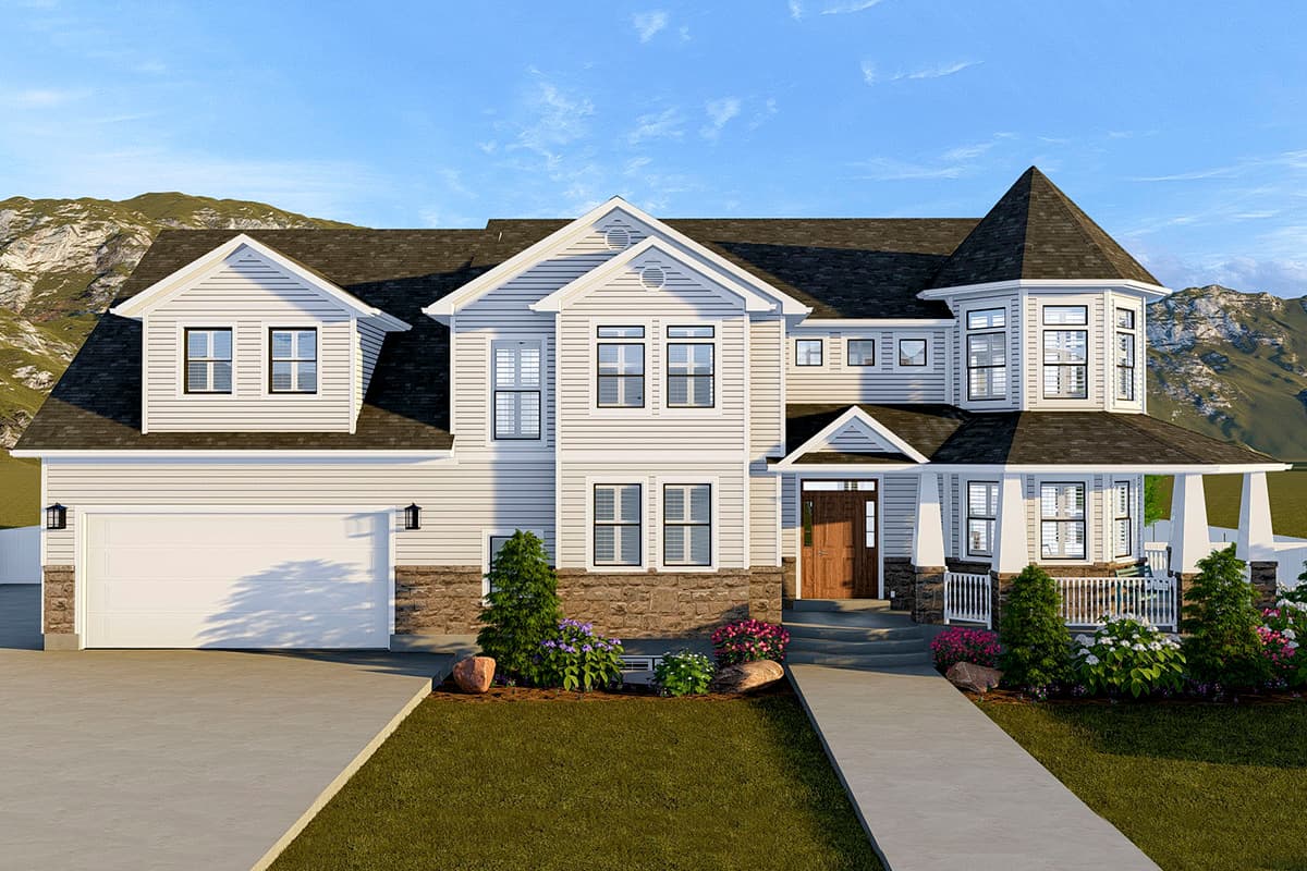 House plan exterior. Two-story home with a turret, gabled roof, and covered porch. Features include a side-entry garage and dormers.