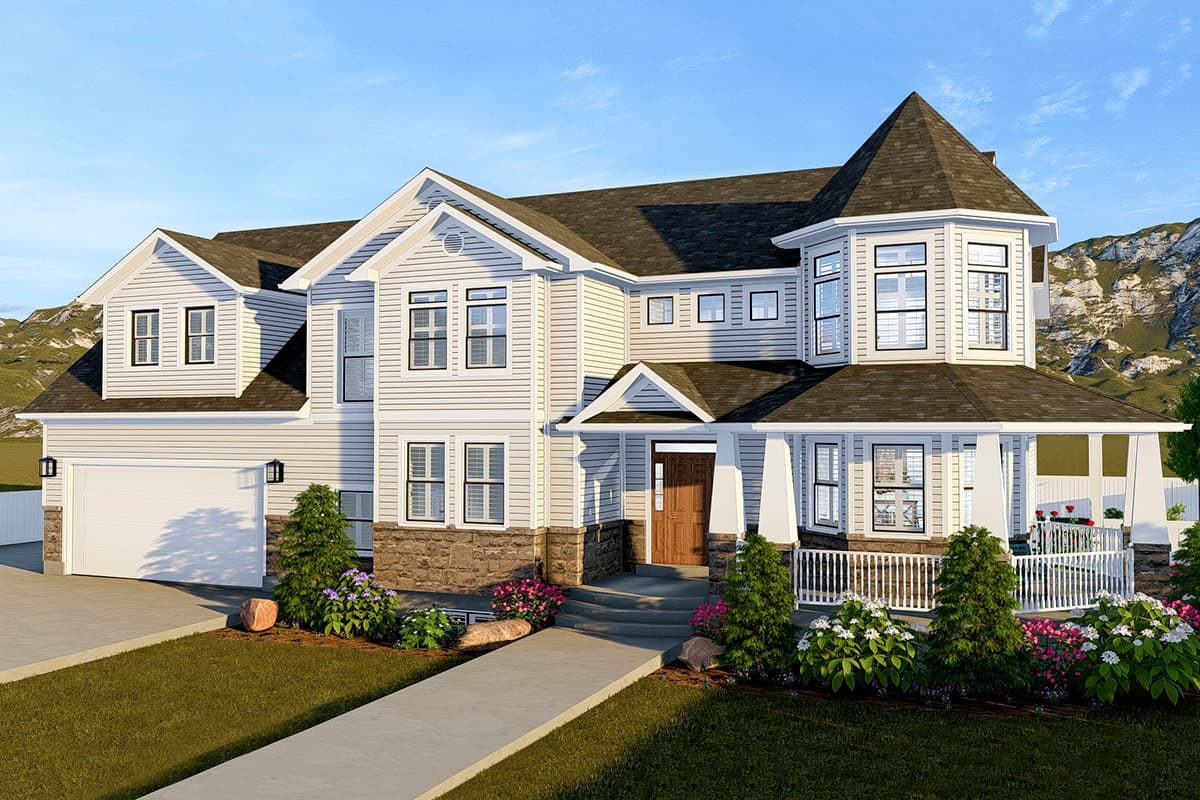House plan exterior: Two-story home with a white siding, gables, dormers, wrap-around porch, bay windows, and an attached garage.