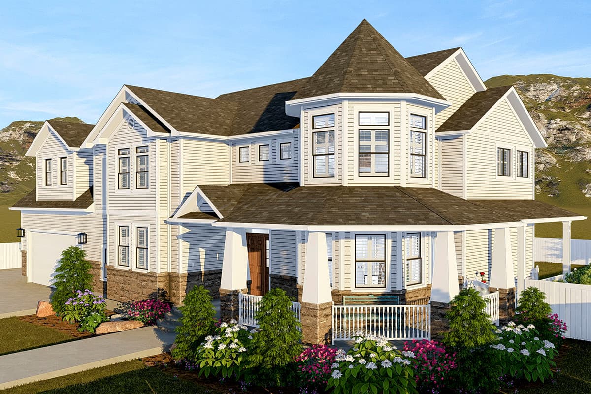 House plan exterior: Two-story home with gabled dormers, a wraparound porch with stone accents, and a turret.