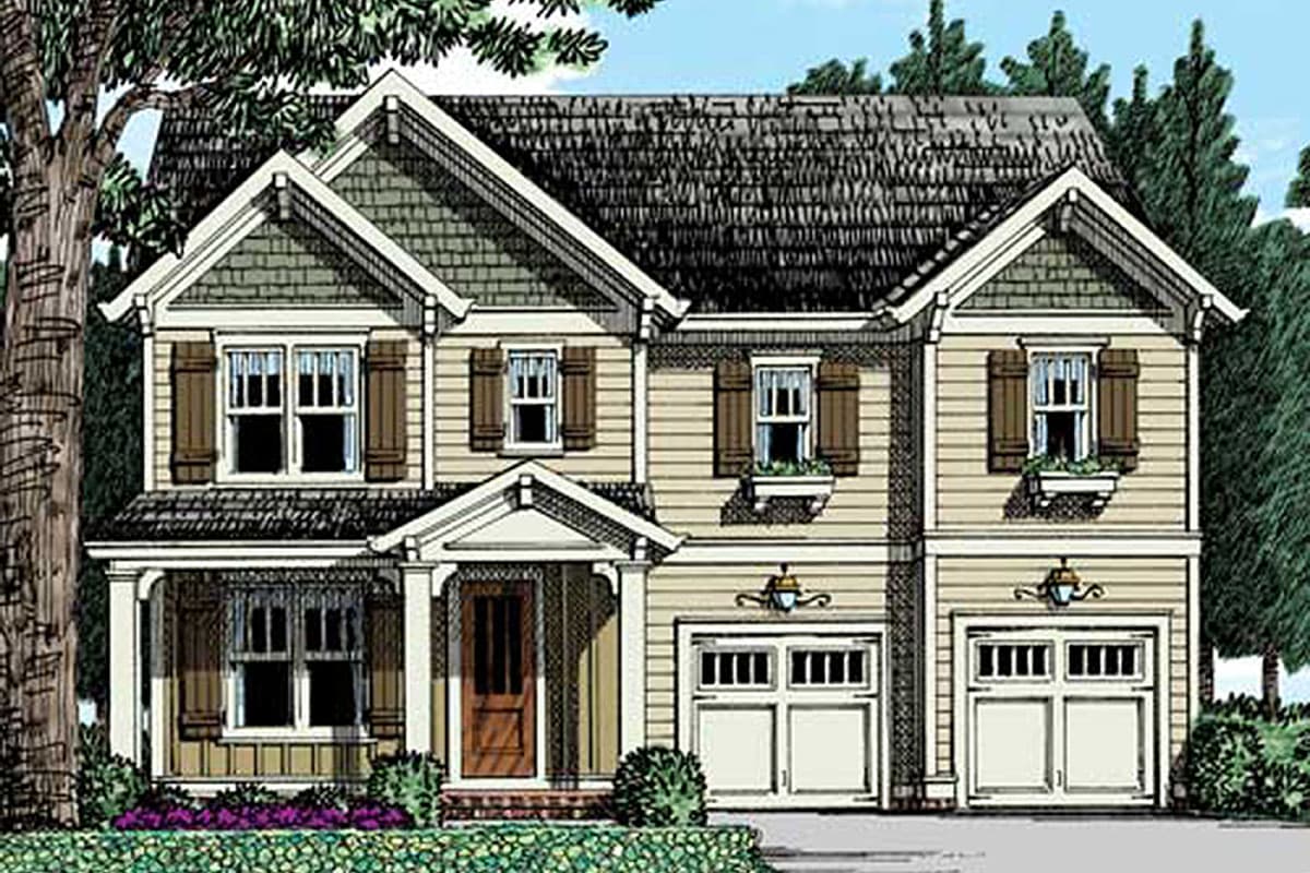 House plan exterior. Two-story home with Craftsman style, front porch, gabled roof, dormers, and two-car garage.