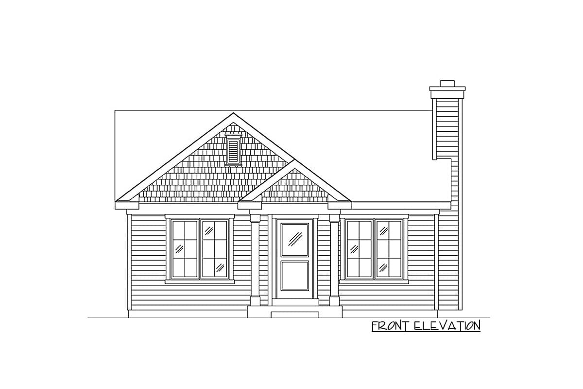 Front elevation drawing of a one-story house with a gabled roof, cedar shingles, a dormer, and a prominent chimney.