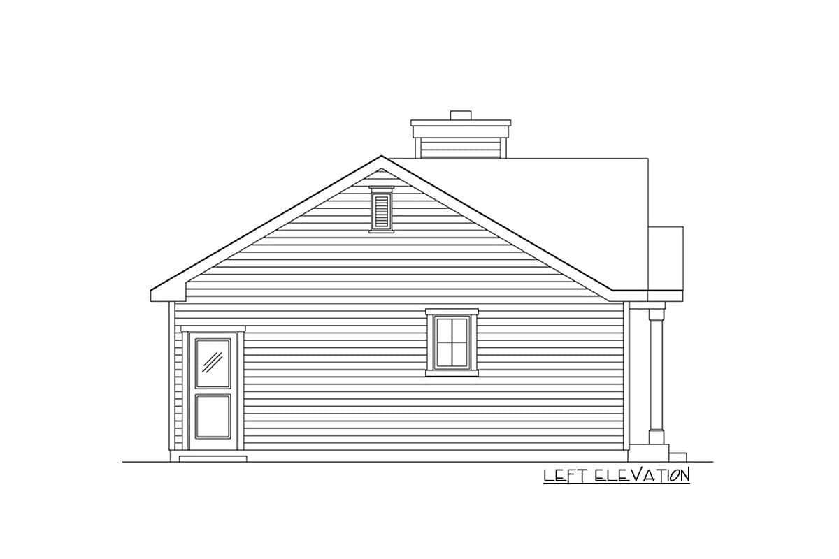 Left elevation house plan drawing showing pitched roof, dormer, window, door, and column support.