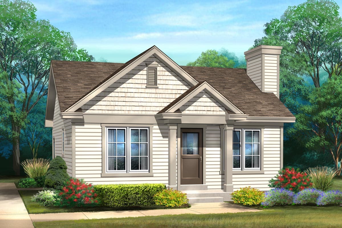 House plan exterior rendering. Cottage-style with a gabled roof, front porch, and shingle siding. One story structure with a chimney.