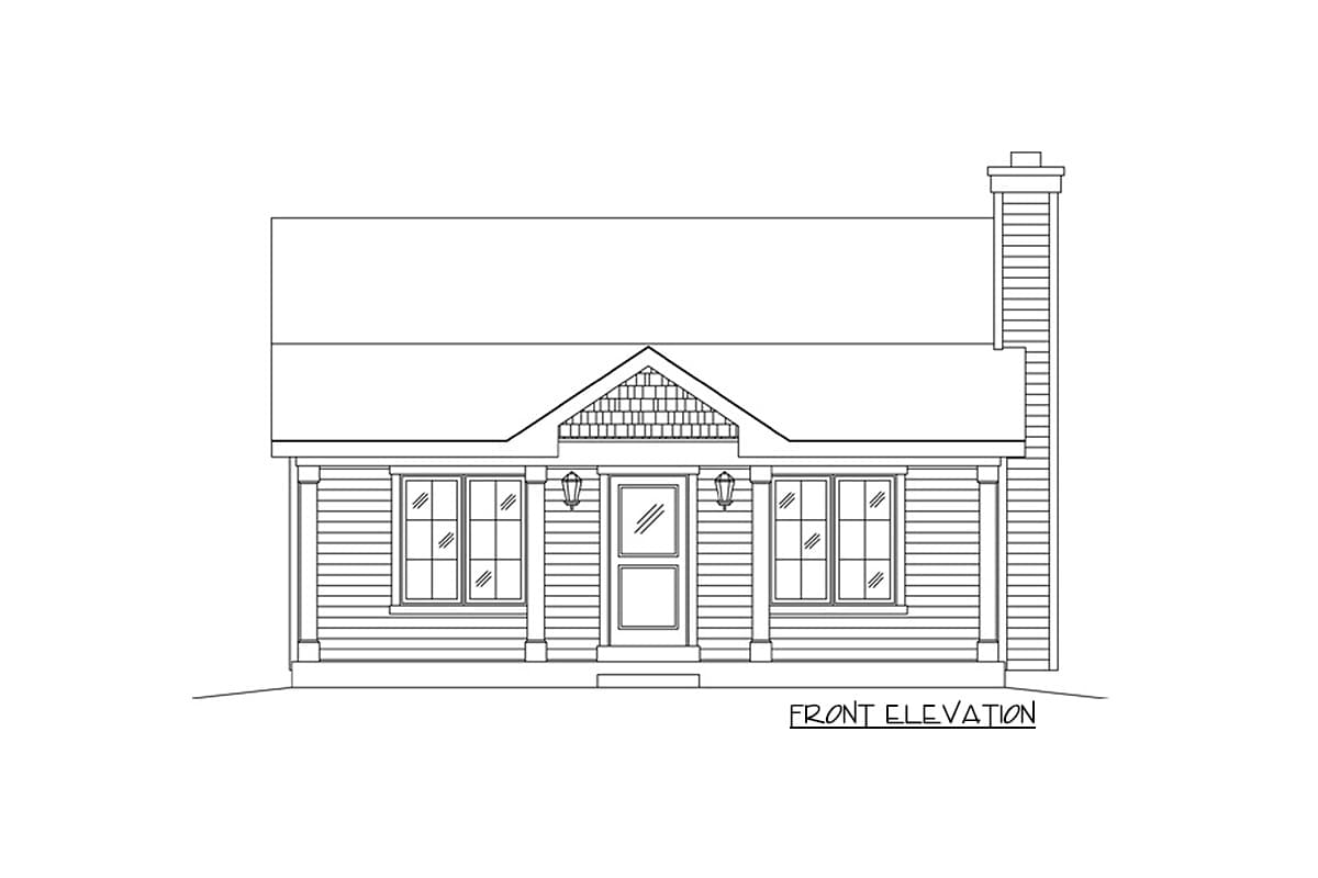 Front elevation house plan of a single-story home with a covered porch, gabled roof, and centered entrance.