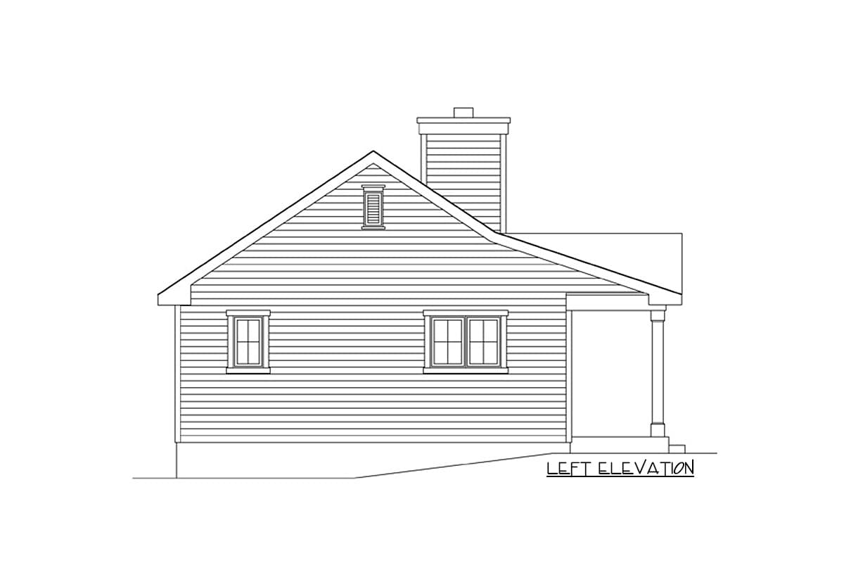 Left elevation house plan drawing of a one-story home with a prominent gable dormer, a chimney, and a covered porch.