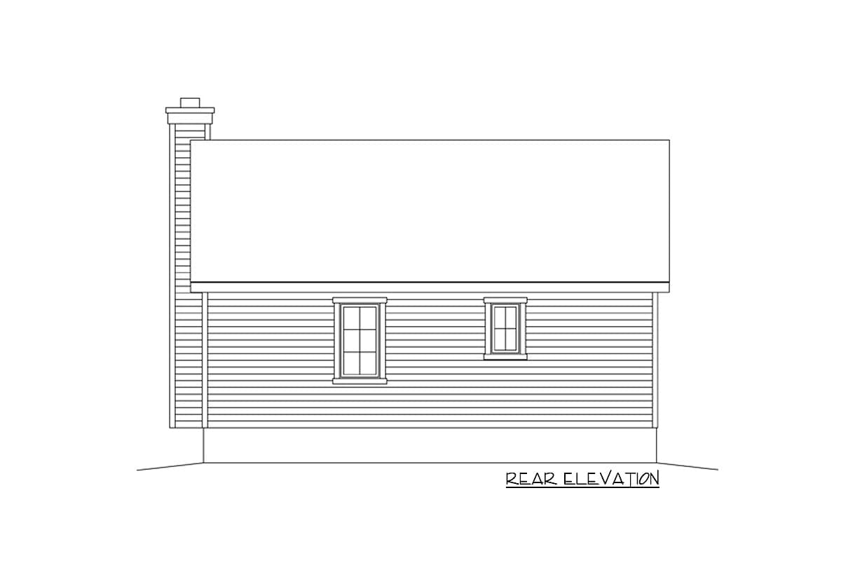 Rear elevation drawing of a house plan showing horizontal siding, two windows, and a chimney.