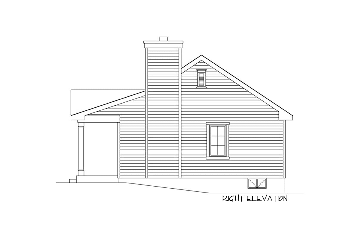 Right elevation drawing of a house plan featuring a prominent chimney, covered porch, and gabled dormer.