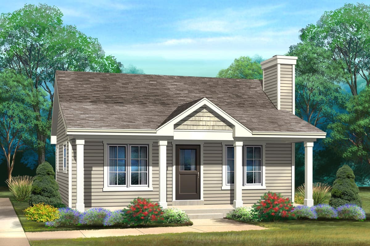 House plan exterior. One-story Cottage style home with front porch supported by columns. Features include gable roof and chimney.