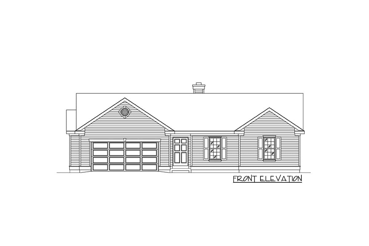 Front elevation drawing of a single-story house plan featuring a front-facing garage, central entry, and gable rooflines.