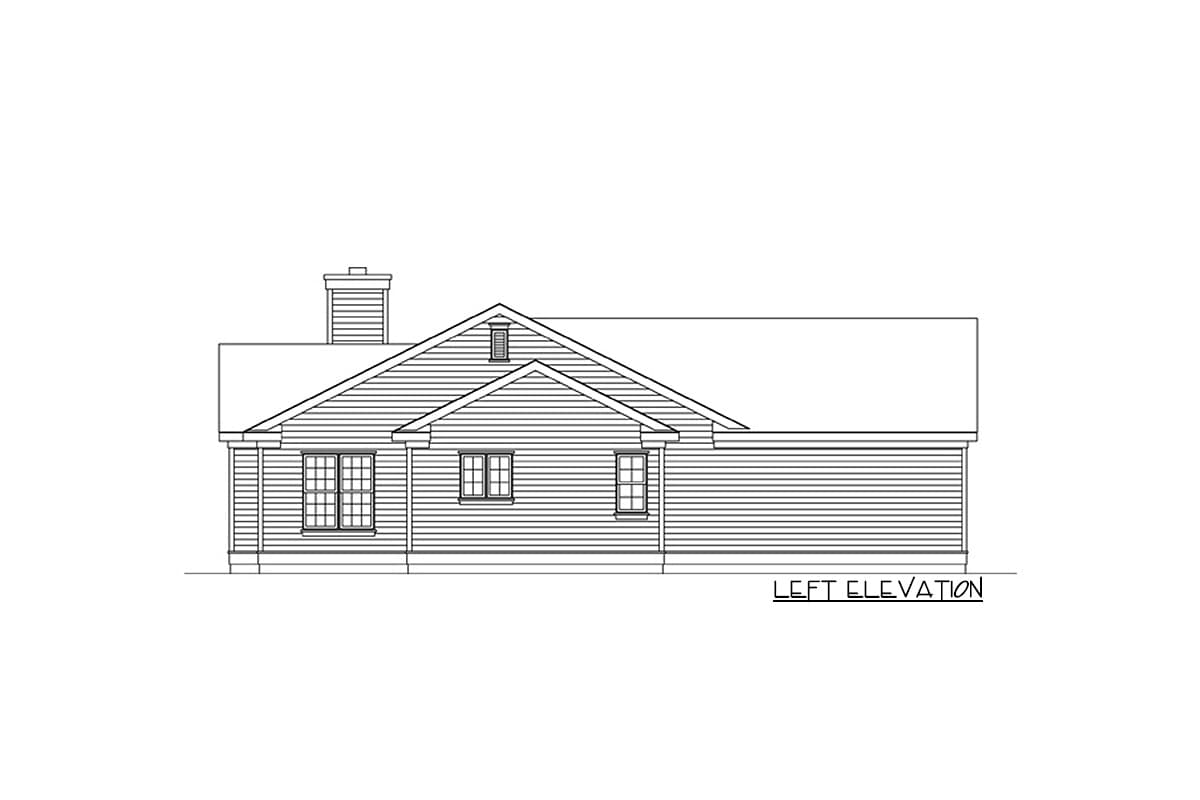 House plan left elevation showing a single-story home with a prominent gable, dormer, and chimney.
