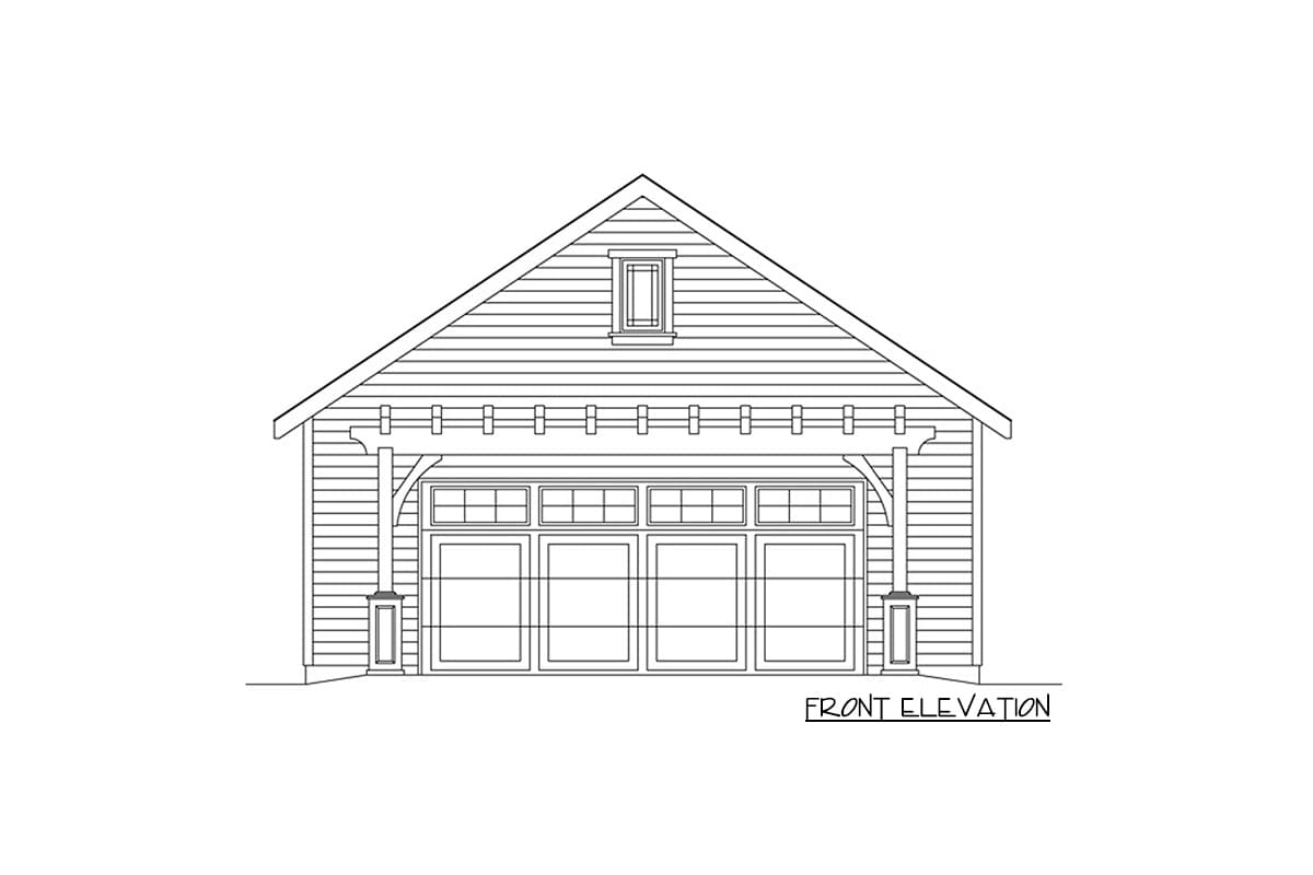 Front elevation drawing of a garage with a gable roof, dormer window, and four-panel garage door with overhead windows.