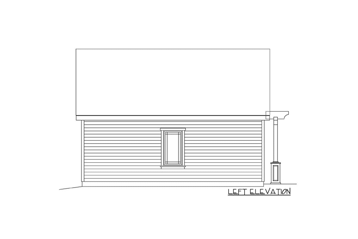 Left elevation of house plan showing clapboard siding, one window, and a covered entrance with a column.
