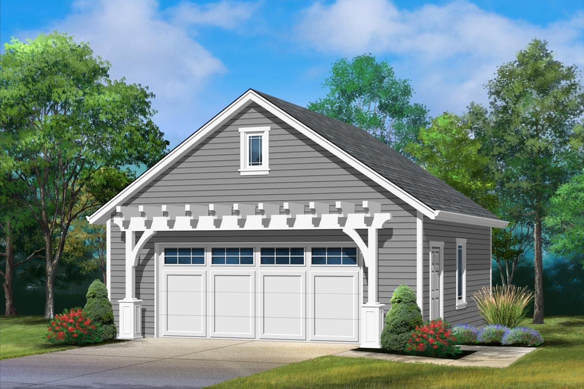 House plan exterior. One-story garage with gable roof, pergola-covered entry, and three-door garage. Features a small window in the gable end.