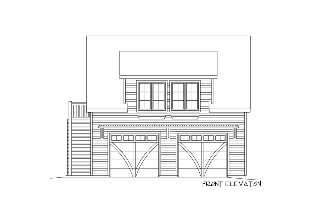 Front elevation of a two-story garage with two carriage-style garage doors, double-hung windows, and exterior stairs.