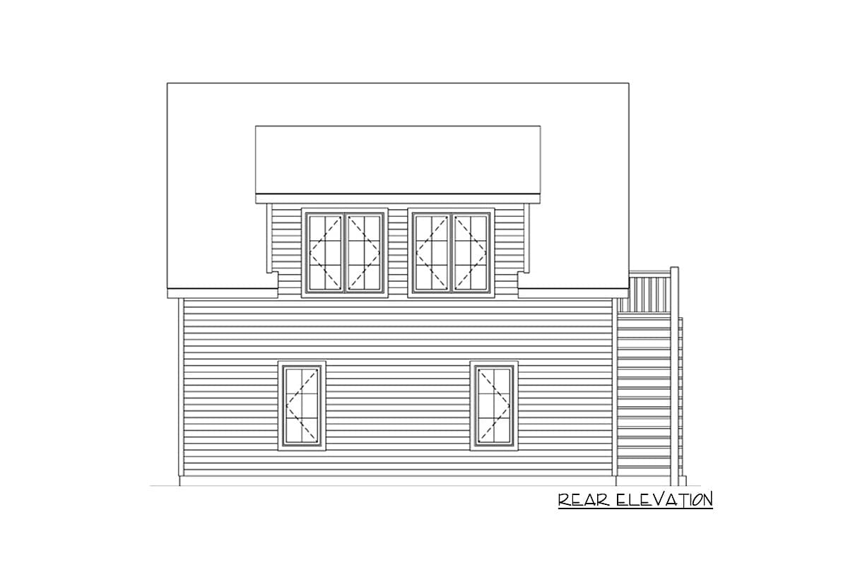 Rear elevation drawing shows a two-story house plan with horizontal siding, two upper dormer windows, and two lower windows.