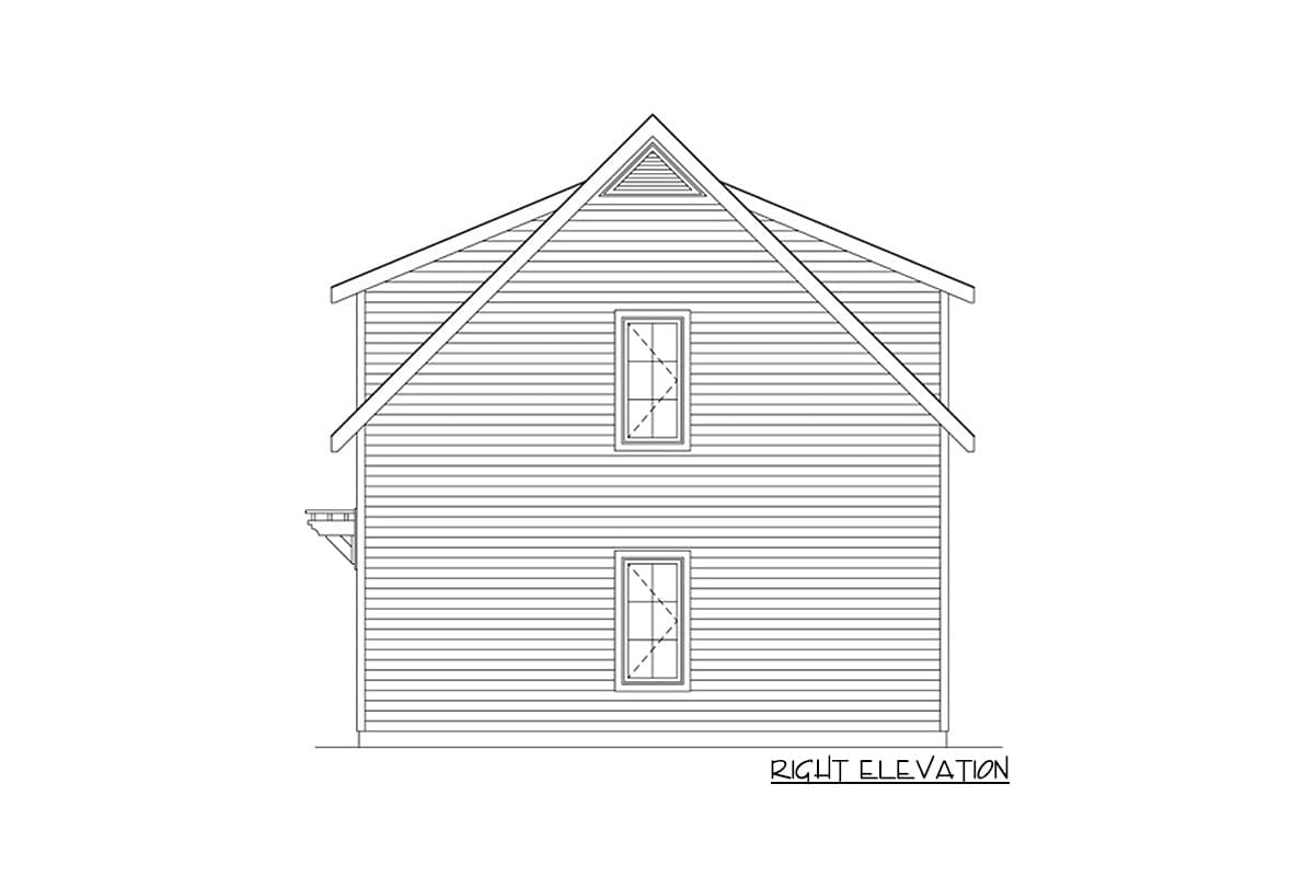 Right elevation drawing of a two-story house plan with horizontal siding, a gable roof, a small balcony, and two stacked windows.