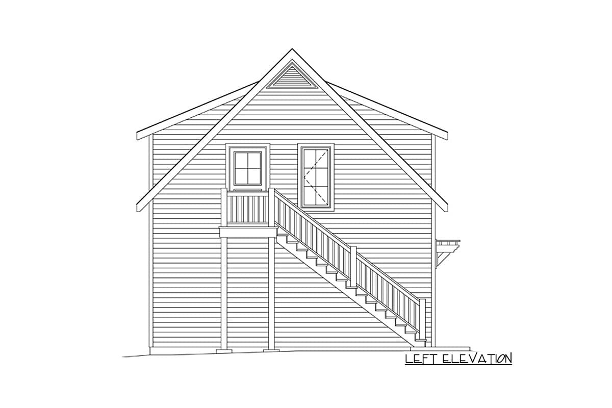 Left elevation drawing of a house plan featuring horizontal siding, two windows, and an exterior staircase to a small upper deck.