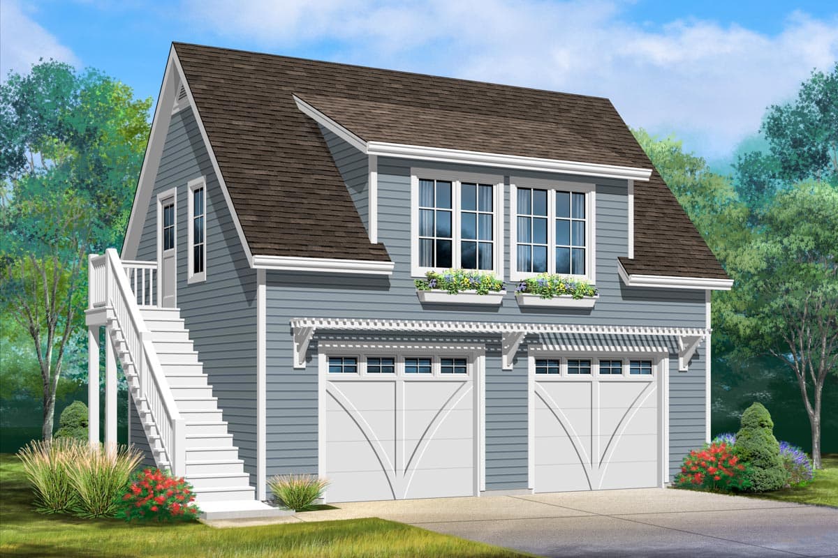 House plan exterior. Two-story structure with gable roof. Features include attached garage with pergola, a staircase entry, and dormer windows.