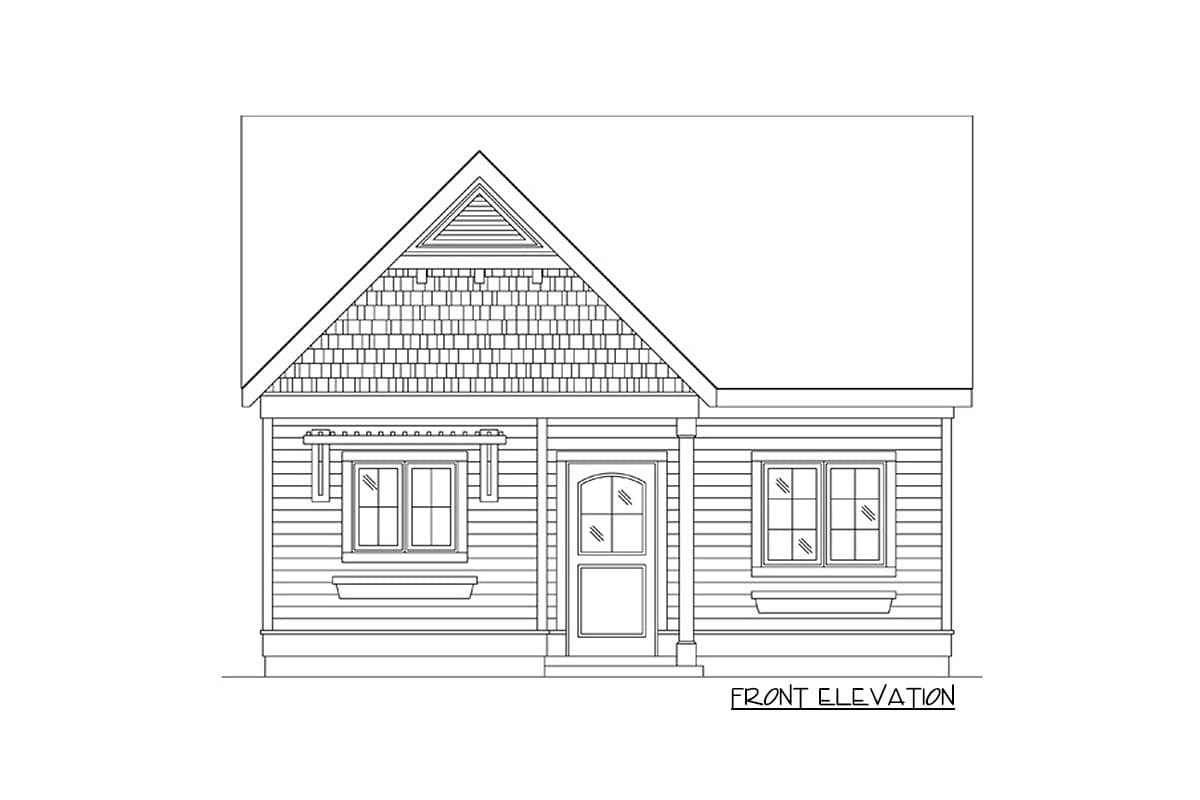 Front elevation drawing of a one-story house with a gable roof, shaker shingles, double-pane windows, and a covered entry.