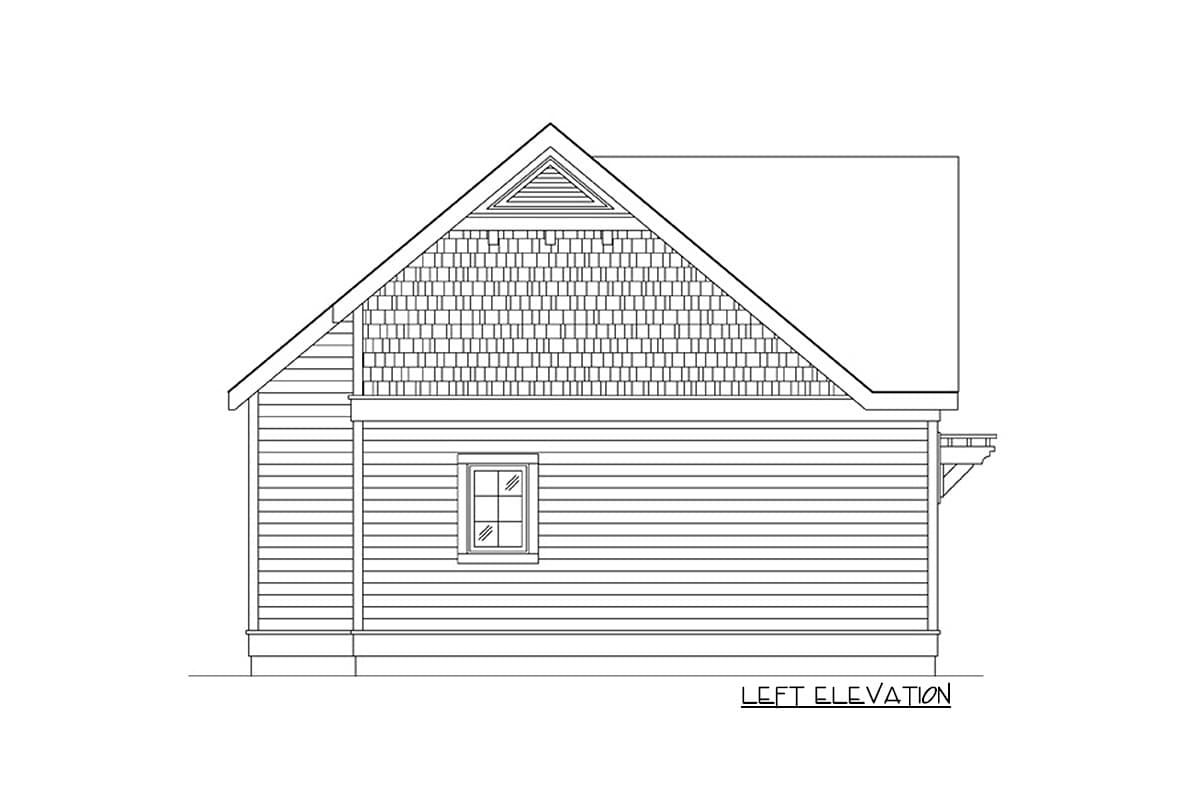 Left elevation house plan with horizontal siding, a gabled roof, decorative shingles in the gable, and one window.