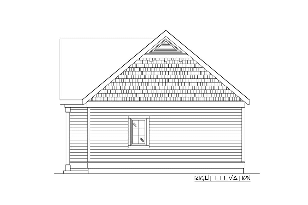 Right elevation of a house plan featuring horizontal siding, a gabled roof with decorative shingles, and a single window.