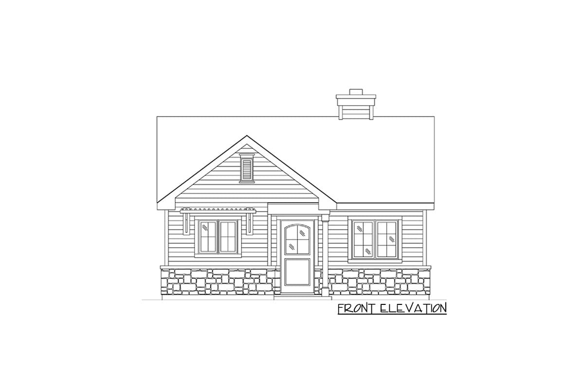 Front elevation drawing of a one-story house with a gable roof, dormer, stone base, and decorative porch supports.