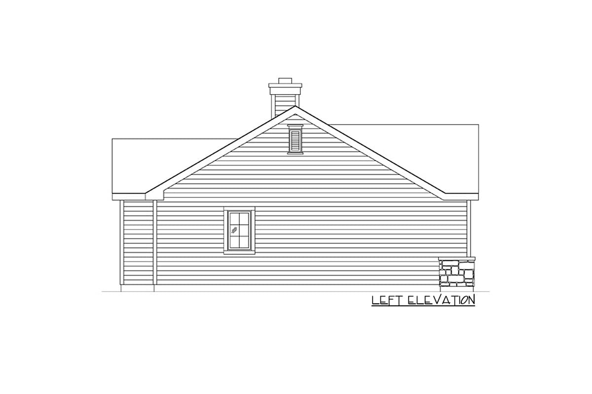 Left elevation house plan with horizontal siding, pitched roof, chimney, and stone accent at base.