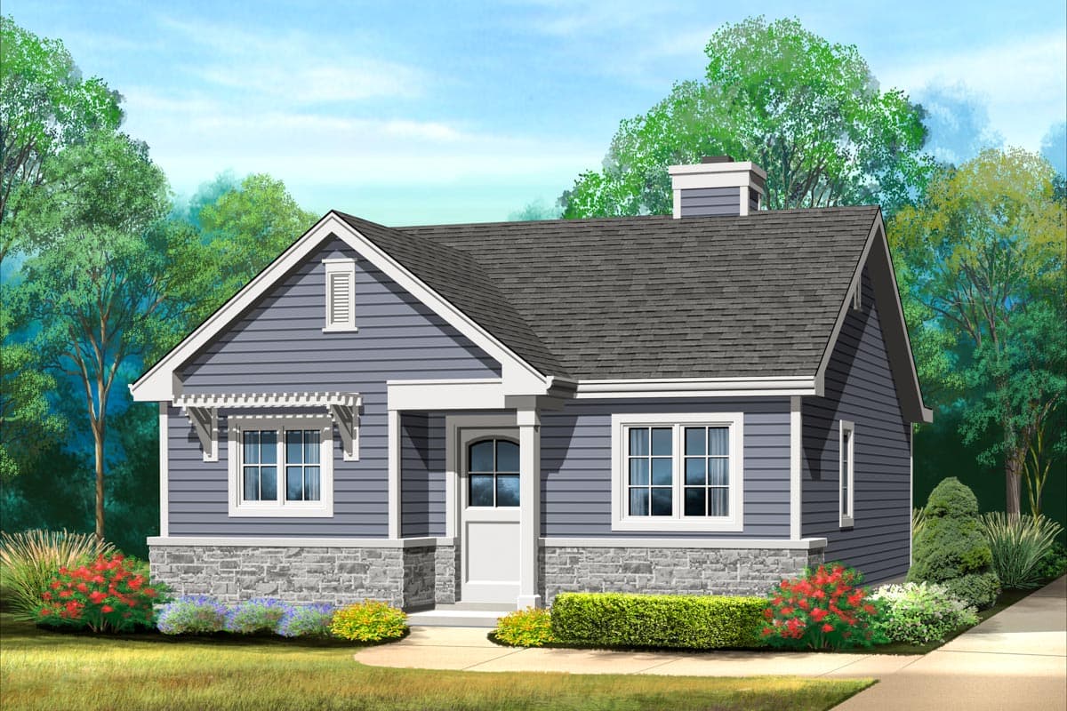 House plan exterior with Craftsman style. Features include a gabled roof, stone veneer, and a covered porch. Single story structure.