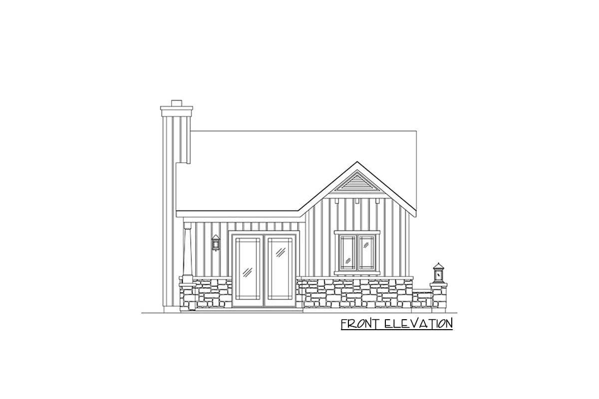 Front elevation of a house plan showing a gable roof, stone foundation, double doors, window, and chimney.
