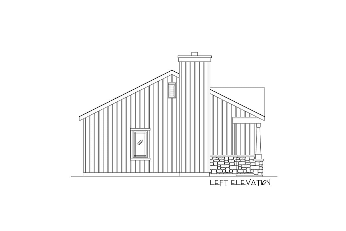 Left elevation drawing of house showing vertical siding, stone base, a large chimney, and a covered porch.