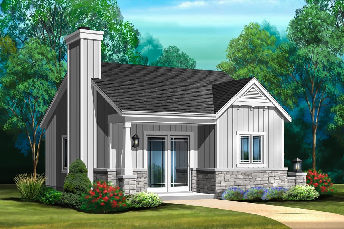 House plan exterior. One-story Cottage style with gabled roof, stone foundation, and covered porch with pillars. Large chimney and double doors.