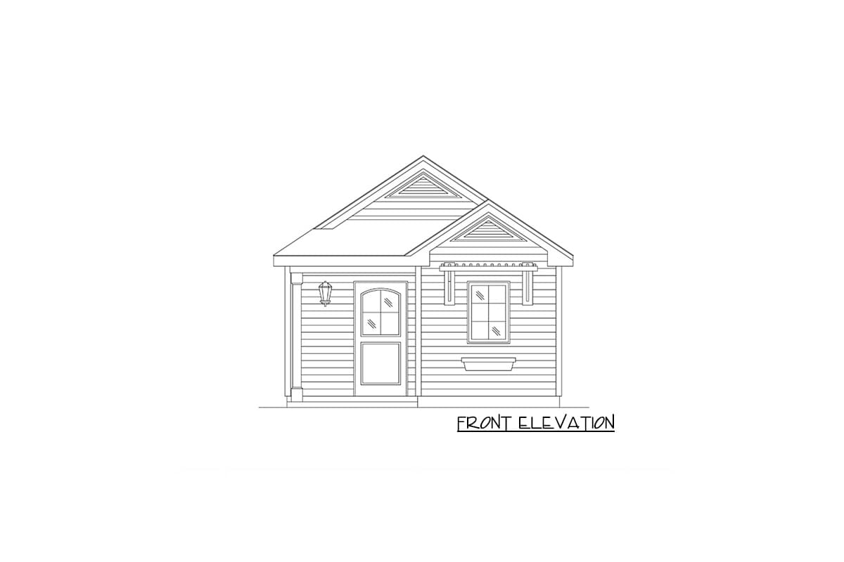 Front elevation of a one-story house plan featuring lap siding, a gabled roof, and a central door with a sidelight.