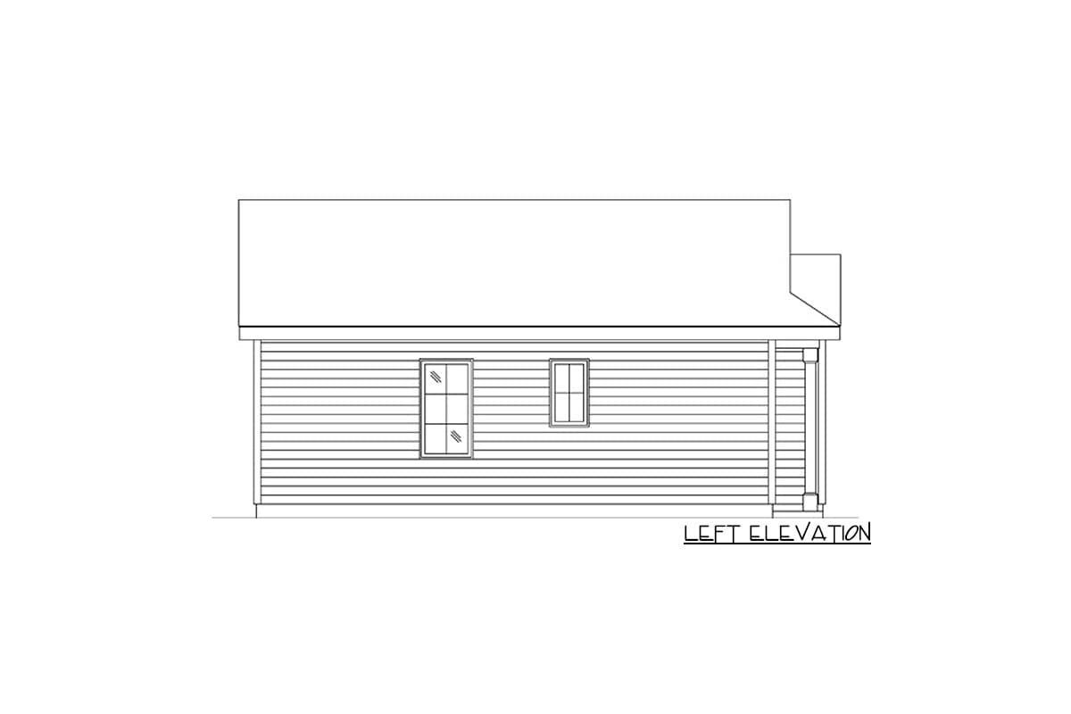 Left elevation drawing of a house plan showing horizontal siding and two windows on a single-story structure.